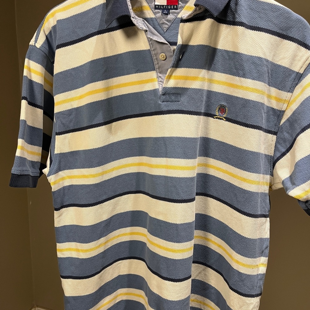 Vintage Tommy Hilfiger Men's Polo 90’s CollegiateShirt - Navy, Cream, and Yellow